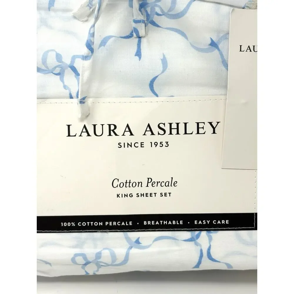 Laura Ashley Blue Trailing Bows King Sheet Set Percale 100% Cotton Ribbons *READ